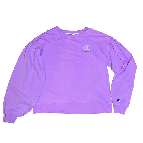 Champion Sweatshirt Women's Small Pink Pullover Crew Neck Puff Sleeve Athletic - Picture 1 of 12